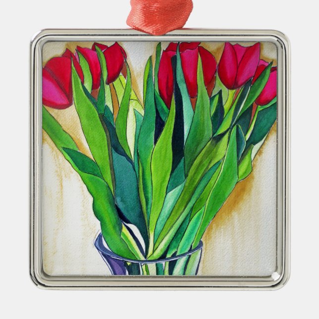 pink and red tulips watercolor art metal ornament (Front)