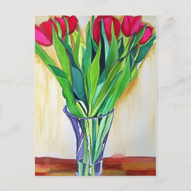 pink and red tulips watercolor art postcard (Front)