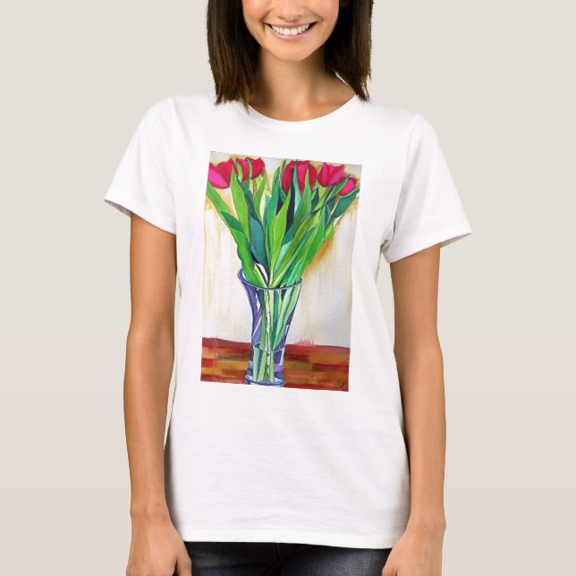 pink and red tulips watercolor art T-Shirt (Front)