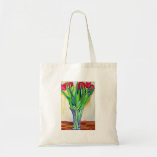 pink and red tulips watercolor art tote bag