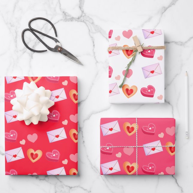 Pink And Red Valentine's Day Treats & Love Letter Wrapping Paper Sheet (Front)