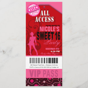 Pink and Red VIP Sweet 16 Ticket Party Invitation