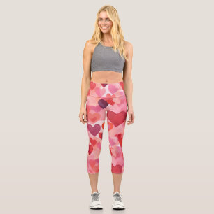 Pink and Red Watercolor Hearts Romantic Coquette Capri Leggings