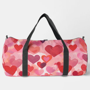 Pink and Red Watercolor Hearts Romantic Coquette Duffle Bag