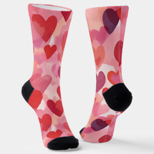 Pink and Red Watercolor Hearts Romantic Coquette Socks
