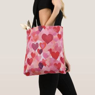 Pink and Red Watercolor Hearts Romantic Coquette Tote Bag