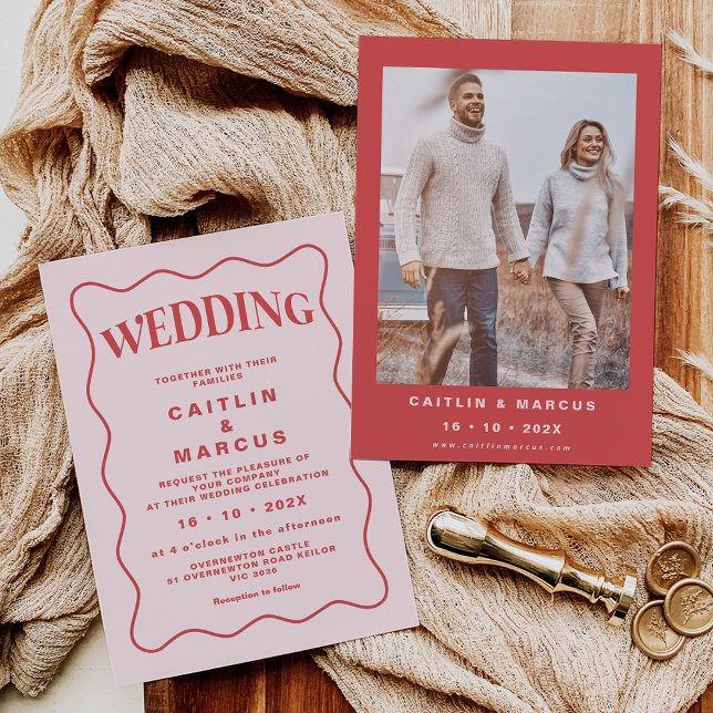 Pink and Red Wave Photo Red Frame Wedding Invitation (Creator Uploaded)
