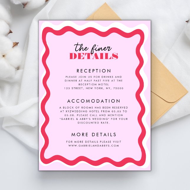 Pink and Red Wavy Frame Retro 70s Details Wedding Enclosure Card (Creator Uploaded)