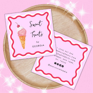 Pink and Red Wavy Frame Sweet Treats Ice-Cream Square Business Card