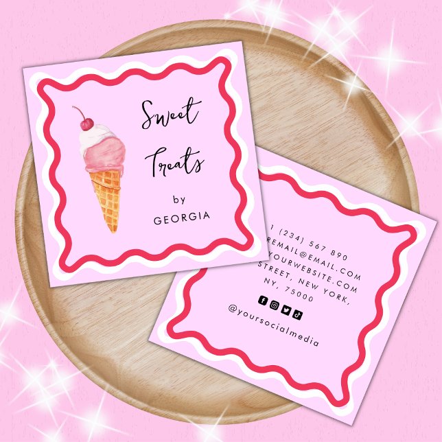Pink and Red Wavy Frame Sweet Treats Ice-Cream Square Business Card (Creator Uploaded)