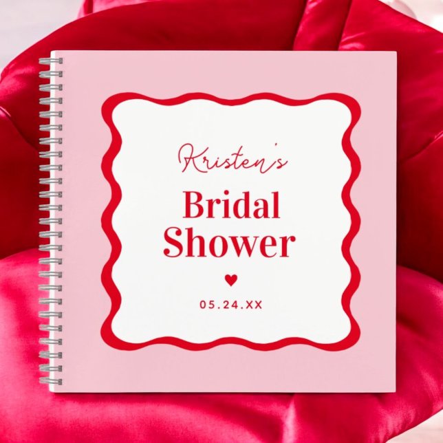 Pink and Red Wavy Retro Bridal Shower Guestbook Notebook (Creator Uploaded)