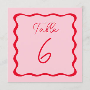 Pink and Red Wavy Wedding Square Table Number