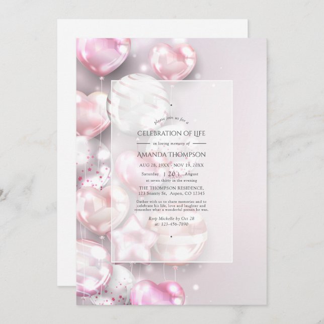 Pink and Rose Gold Balloons Celebration of Life Invitation (Front/Back)