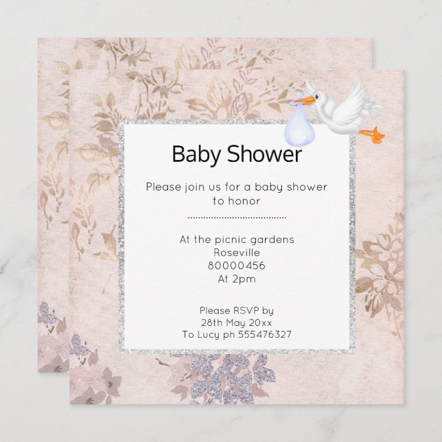 PINK AND ROSE GOLD BLUE MODERN STORK BABY SHOWER INVITATION (Front/Back)