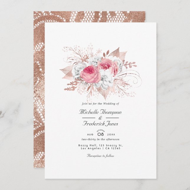 Pink and Rose Gold Floral and Lace QR Code Wedding Invitation (Front/Back)
