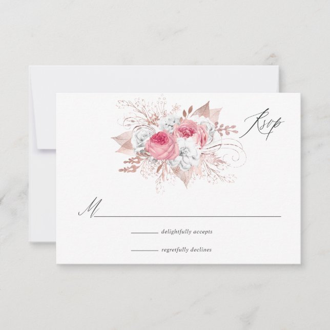 Pink and Rose Gold Floral and Lace RSVP Card (Front)