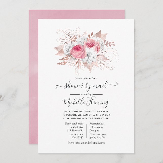 Pink and Rose Gold Floral Baby Shower by Mail Invitation (Front/Back)
