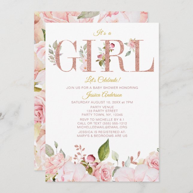 Pink and Rose Gold Floral Baby Shower Invitation (Front/Back)