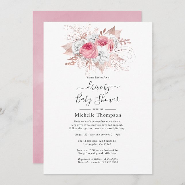 Pink and Rose Gold Floral Drive By Shower Invitation (Front/Back)