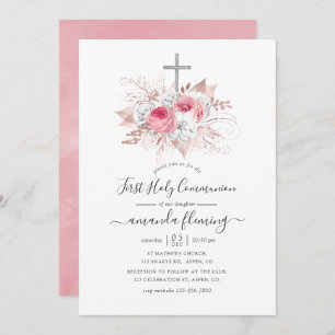 Pink and Rose Gold Floral First Holy Communion Invitation