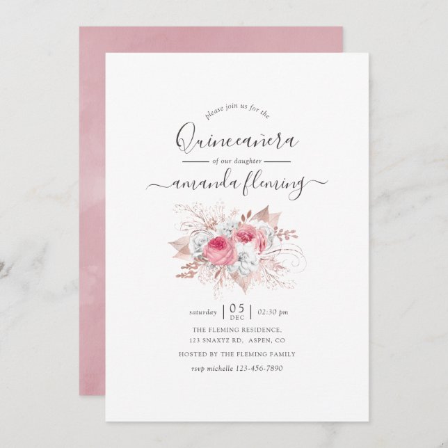 Pink and Rose Gold Floral Quinceañera Invitation (Front/Back)