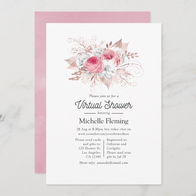 Pink and Rose Gold Floral Virtual Baby Shower Invitation (Front/Back)