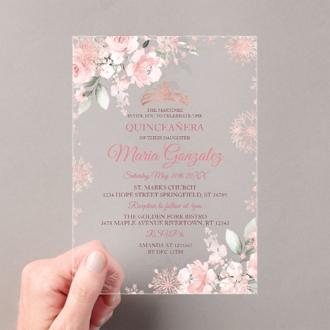 Pink and Rose Gold Floral Winter Girl Quinceañera Acrylic Invitations (Insitu (Handheld))
