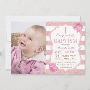 Pink and Rose Gold Pink Glitter Baptism Invitation