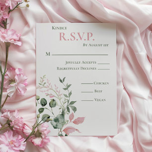 Pink and Sage Floral Elegant Script Wedding RSVP Card