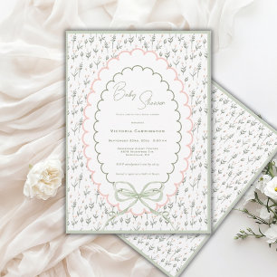 Pink and Sage Floral Vintage Baby Shower Invitation