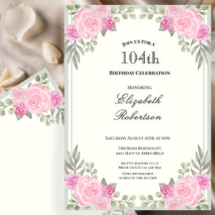 Pink and Sage Green Floral 104th Birthday Invitation