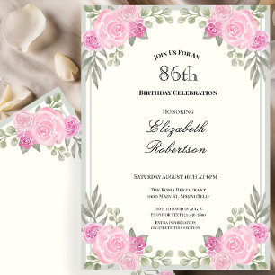 Pink and Sage Green Floral 86th Birthday Invitation