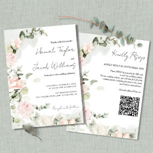 Pink and Sage Green Floral QR Code Wedding Invitation