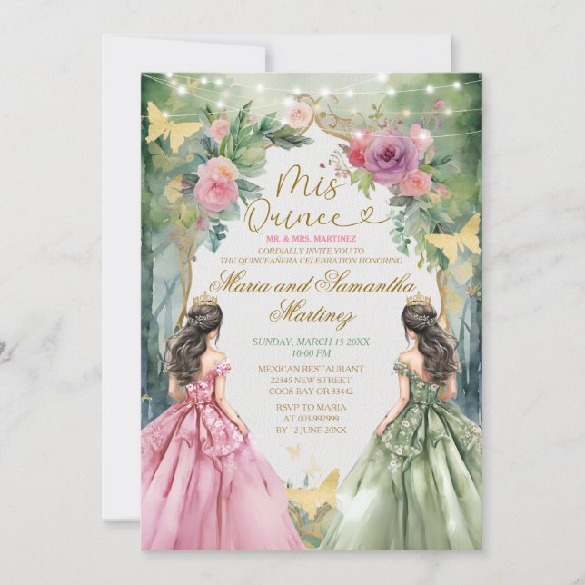 Pink and Sage Green Twin Royal Princess Mis Quince Invitation (Front)