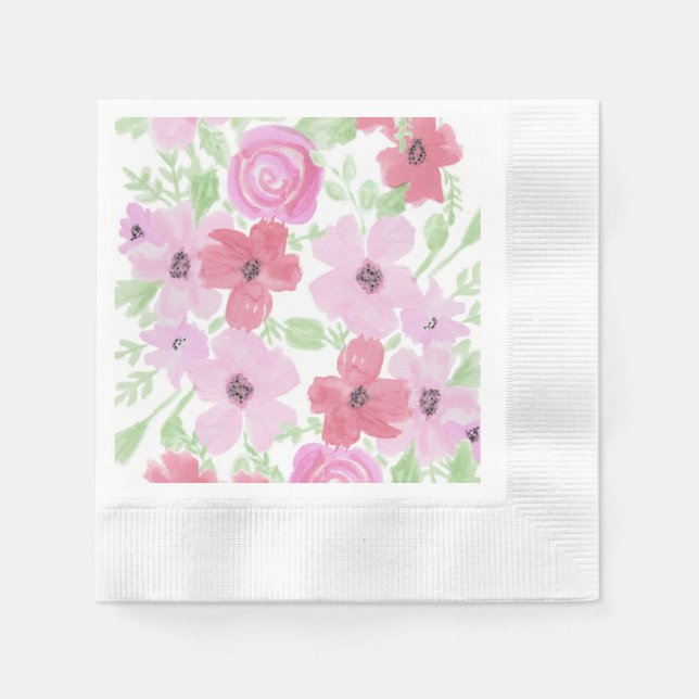 Pink and Sage Green Watercolor Floral Napkin (Front)