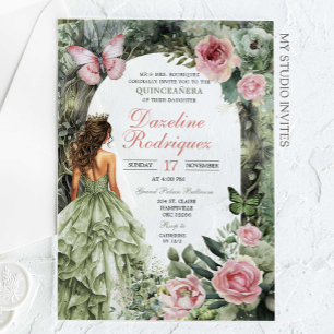 Pink and Sage Green Whimsical Forest Quinceanera Acrylic Invitations