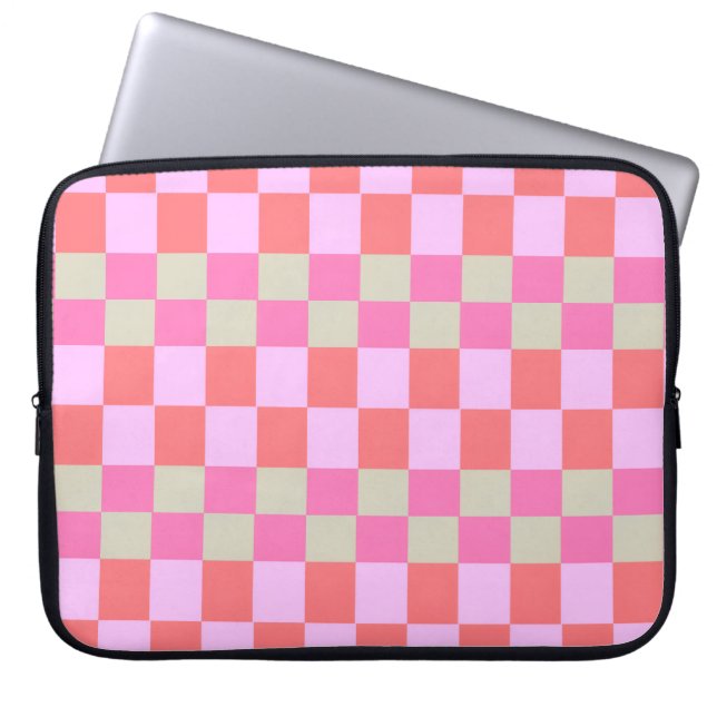 Pink and Sand Beige Retro Checkerboard Pattern Laptop Sleeve (Front)