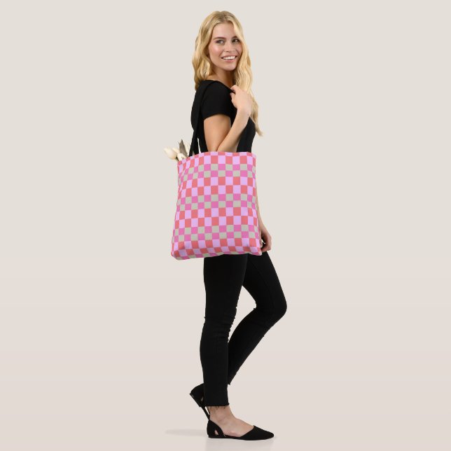 Pink and Sand Beige Retro Checkerboard Pattern Tote Bag (On Model)