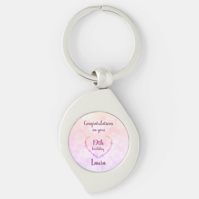 Pink and Silver 19th Birthday Personalised Key Ring (Front)