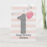 Pink and Silver 1st Birthday Girl Card<br><div class="desc">A pink and silver 1st birthday girl card, which you can personalise with her name. The front of this trendy 1st birthday card for her features the number one in a black and white stripe with an outline of glitter with a pink balloon ready to float way. Please note the...</div>