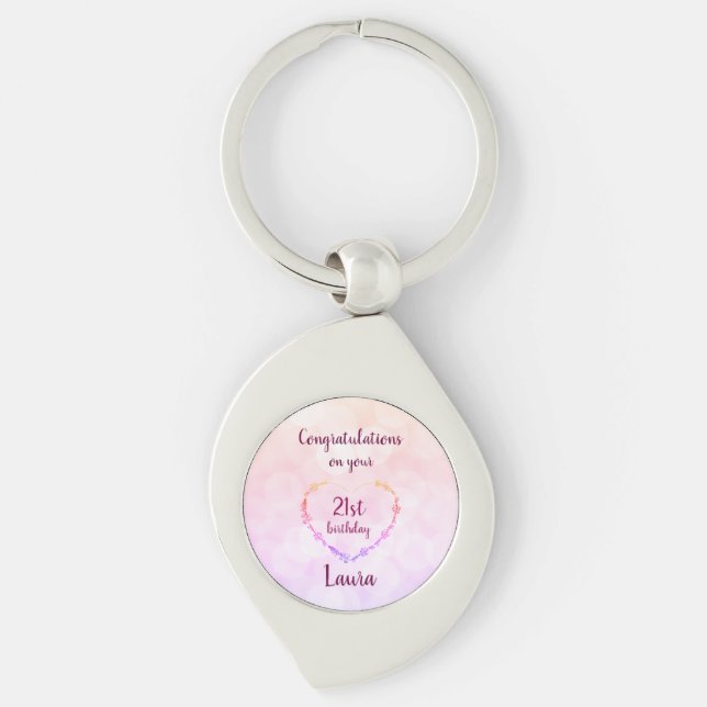 Pink and Silver 21st Birthday Personalised Key Ring (Front)