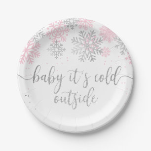 Pink And Silver Baby It's Cold Outside Winter Paper Plate