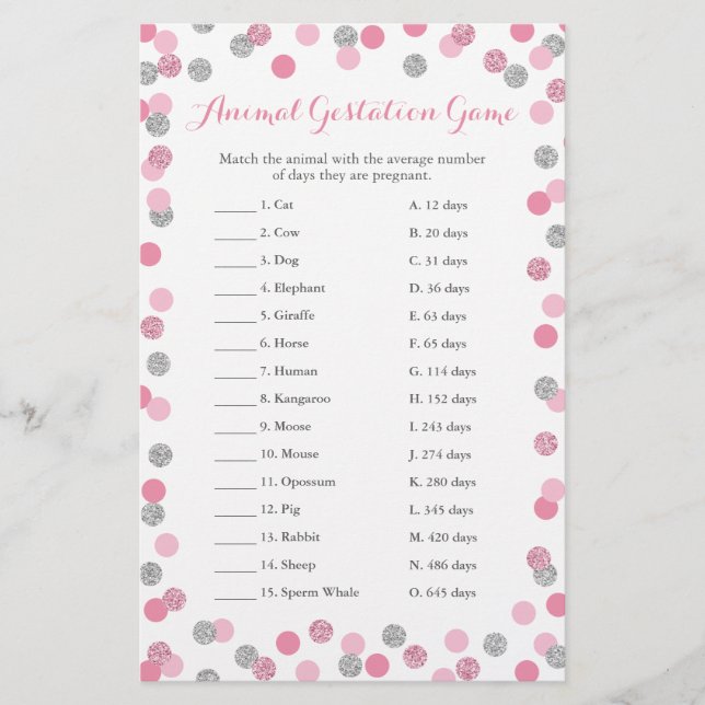 Pink and Silver Baby Shower Animal Gestation Game (Front)