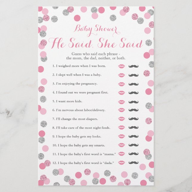 Pink and Silver Baby Shower He Said She Said Game (Front)