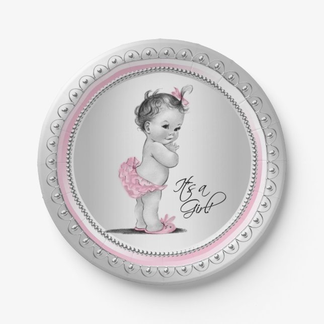 Pink and Silver Baby Shower Paper Plates (Front)