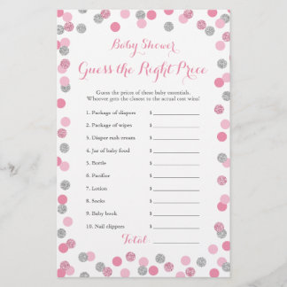 Pink and Silver Baby Shower Price Right Game Card