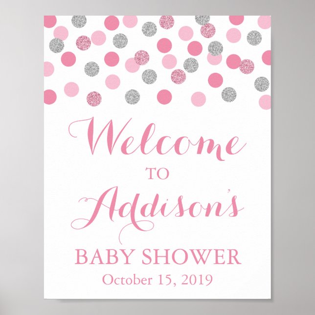 Pink and Silver Baby Shower Welcome Sign Poster (Front)