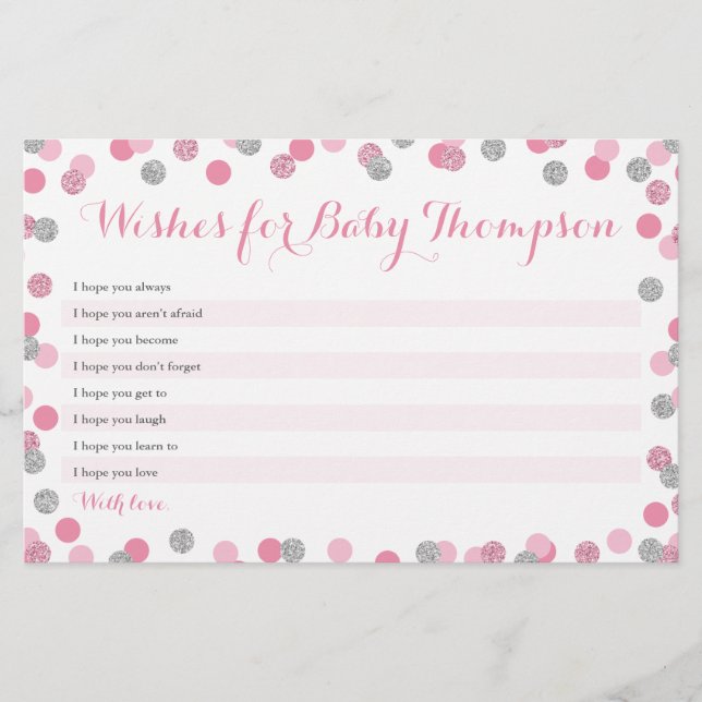 Pink and Silver Baby Shower Wishes for Baby Cards (Front)