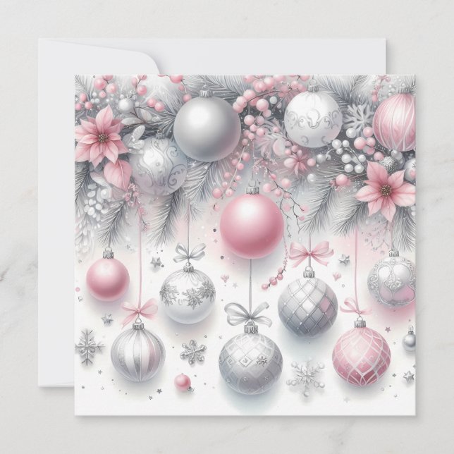 Pink and Silver Christmas Ornaments Background Holiday Card (Front)