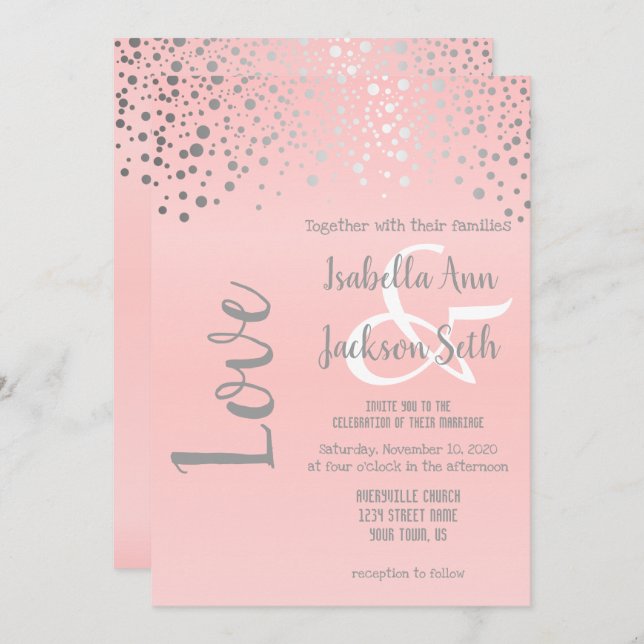 Pink and Silver Confetti Dots Invitation (Front/Back)
